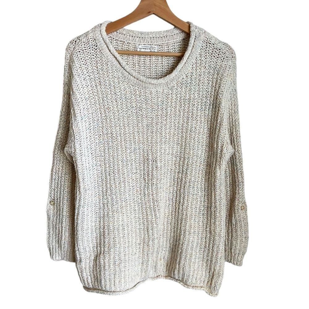 Anthropologie Cotton Knit Pullover Scoop Neck Sweater White Oversized Small
